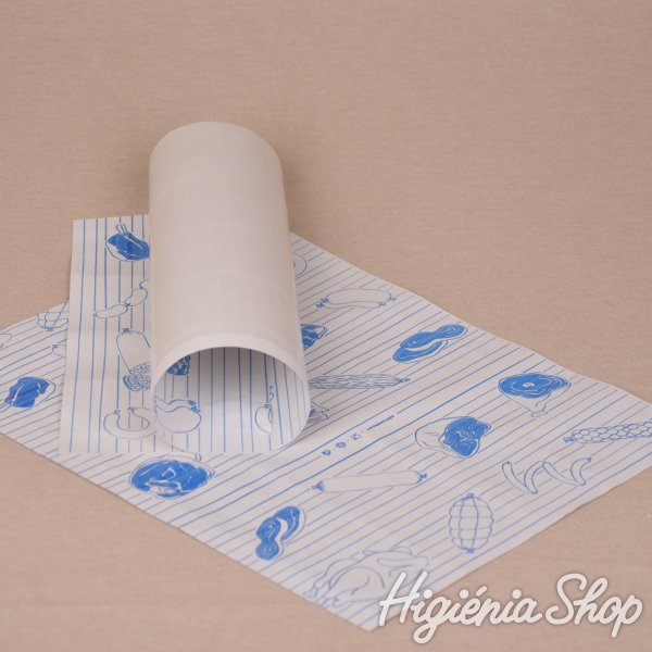 Halványszürke fóliázott húscsomagoló papír kék színű hús mintával - 30x30 cm / 5 kg
